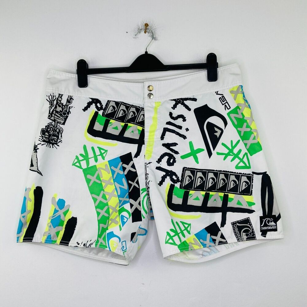 Quiksilver Men's 38 Board Shorts White Multicolor Graffiti Lined Flaw AZ22
